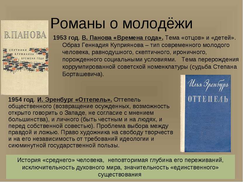 Романы о молодёжи 1953 год. В. Панова «Времена года». Тема «отцов» и «детей»....