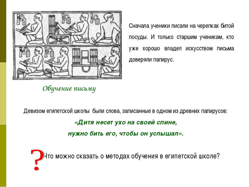 Обучение письму Сначала ученики писали на черепках битой посуды. И только ста...