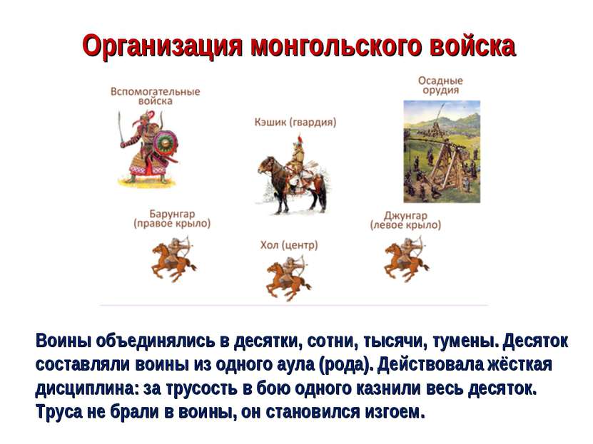 Организация монгольского войска Воины объединялись в десятки, сотни, тысячи, ...