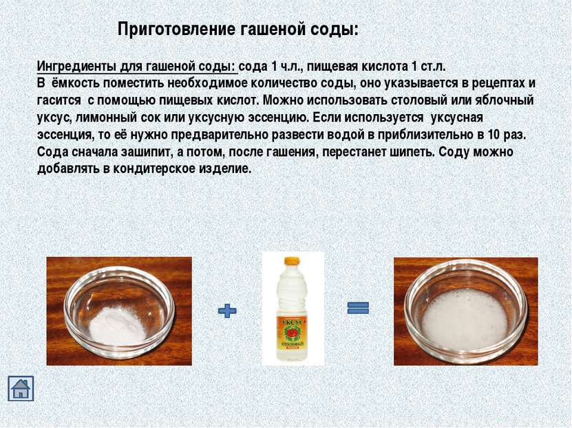 Приготовление гашеной соды: Ингредиенты для гашеной соды: сода 1 ч.л., пищева...