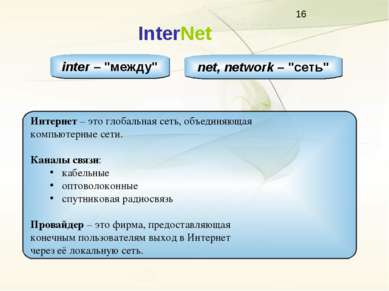 InterNet inter – "между" net, network – "сеть" Интернет – это глобальная сеть...