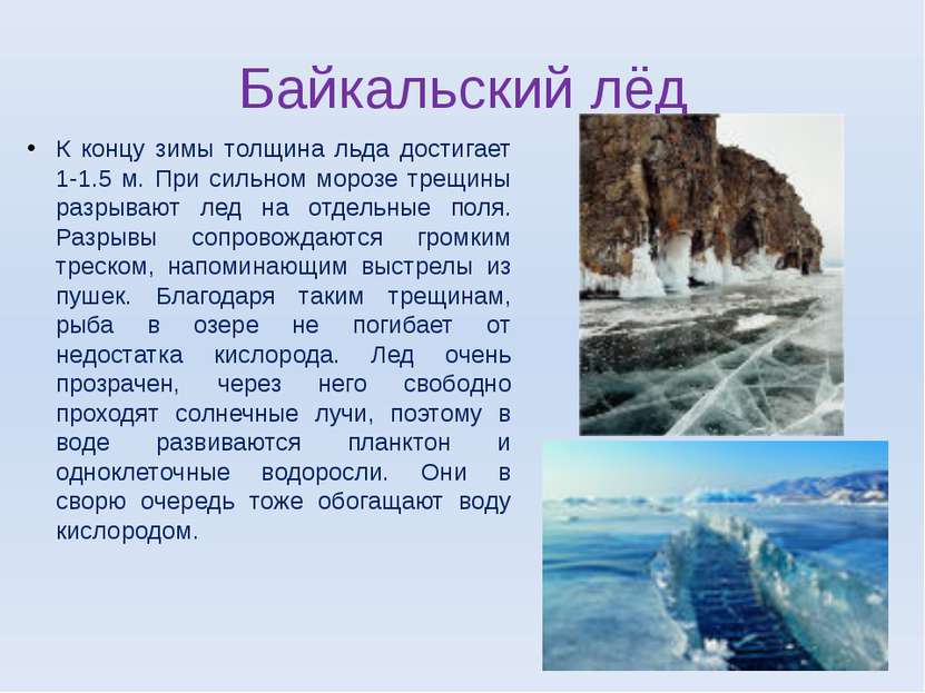Байкальский лёд К концу зимы толщина льда достигает 1-1.5 м. При сильном моро...