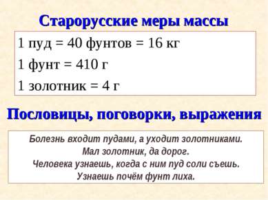 Старорусские меры массы 1 пуд = 40 фунтов = 16 кг 1 фунт = 410 г 1 золотник =...