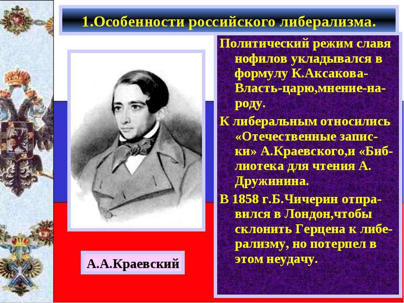 Политический режим славя нофилов укладывался в формулу К.Аксакова-Власть-царю...