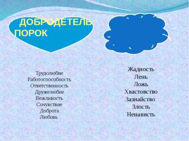 ДОБРОДЕТЕЛЬ ПОРОК . Трудолюбие Работоспособность Ответственность Дружелюбие В...