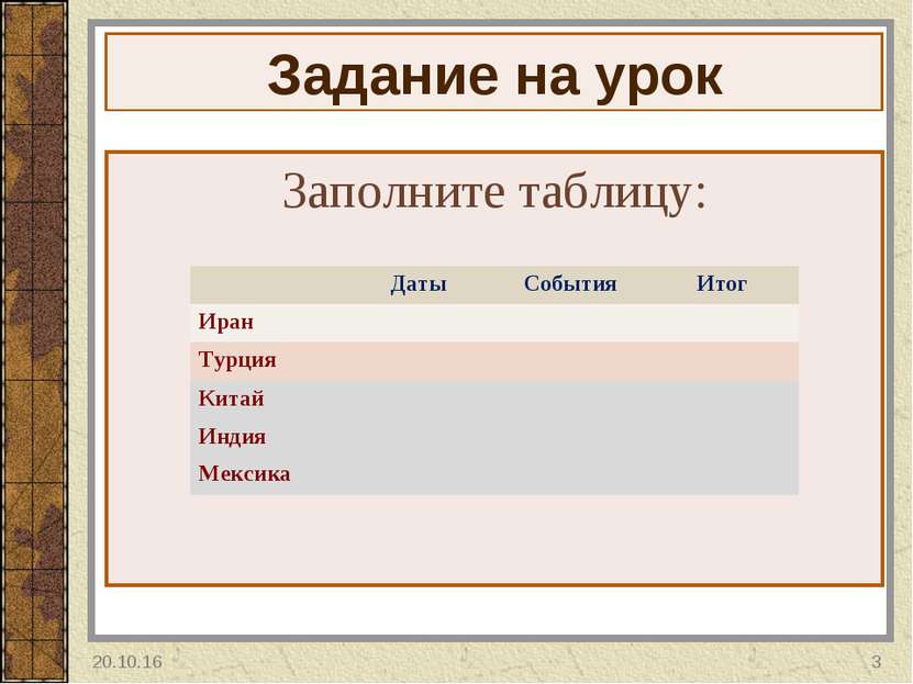 Задание на урок Заполните таблицу: * * Даты События Итог Иран Турция Китай Ин...