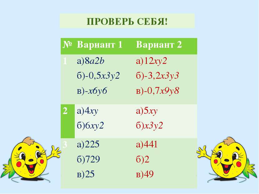 ПРОВЕРЬ СЕБЯ! № Вариант 1 Вариант 2 1 a)8a2b б)-0,5x3y2 в)-x6y6 а)12xy2 б)-3,...