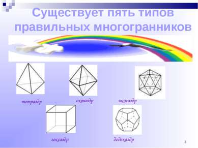 * Существует пять типов правильных многогранников тетраэдр октаэдр икосаэдр г...
