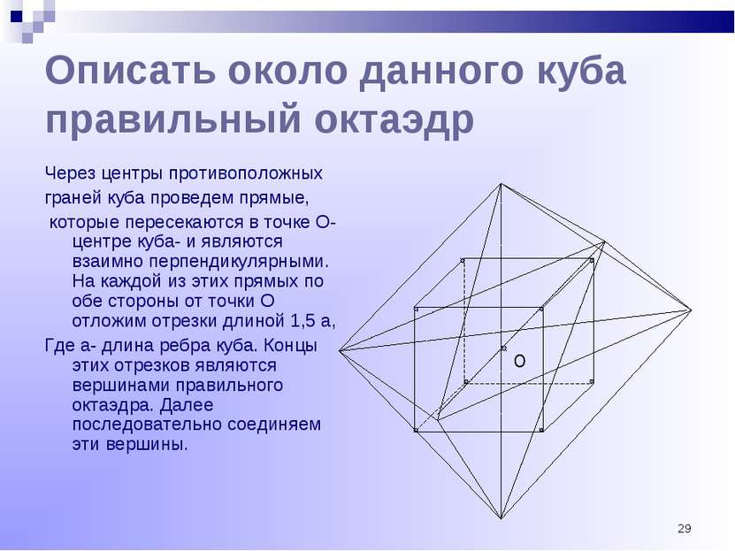 * Описать около данного куба правильный октаэдр Через центры противоположных ...