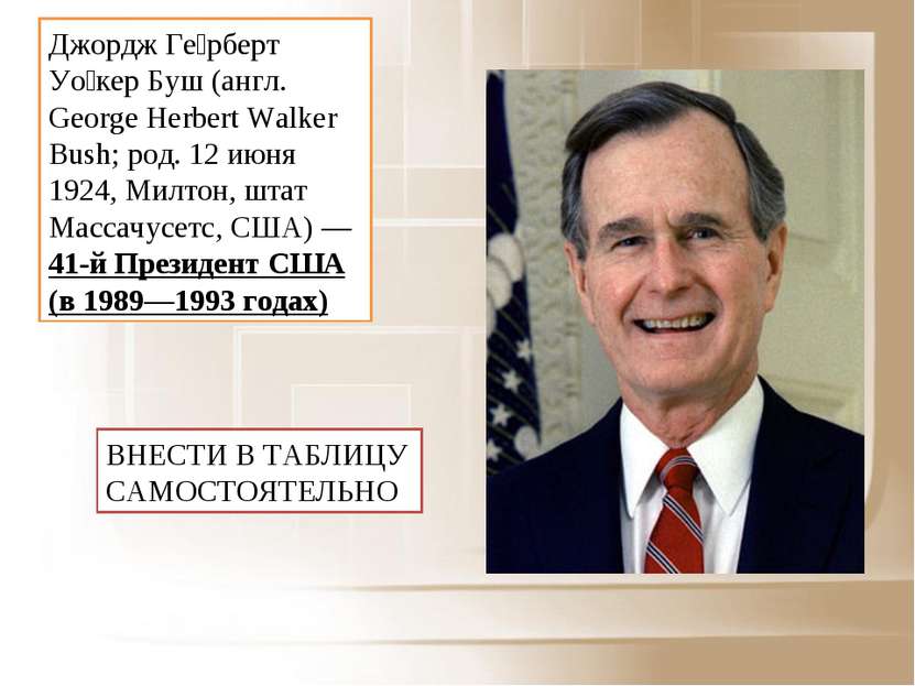 Джордж Ге рберт Уо кер Буш (англ. George Herbert Walker Bush; род. 12 июня 19...