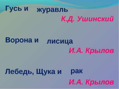 Гусь и К.Д. Ушинский Ворона и И.А. Крылов Лебедь, Щука и И.А. Крылов журавль ...