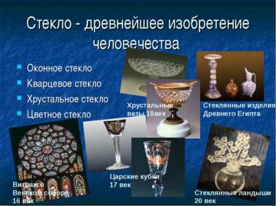 Стекло - древнейшее изобретение человечества Оконное стекло Кварцевое стекло ...