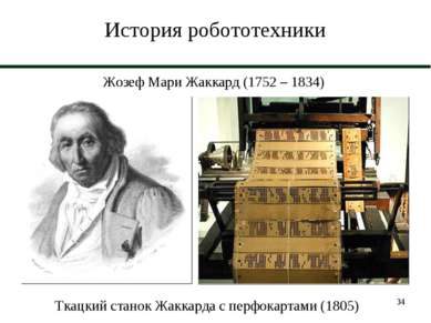 * История робототехники Жозеф Мари Жаккард (1752 – 1834) Ткацкий станок Жакка...