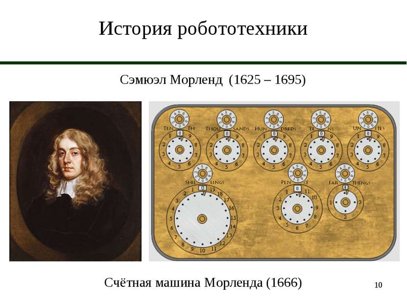 * История робототехники Сэмюэл Морленд (1625 – 1695) Счётная машина Морленда ...
