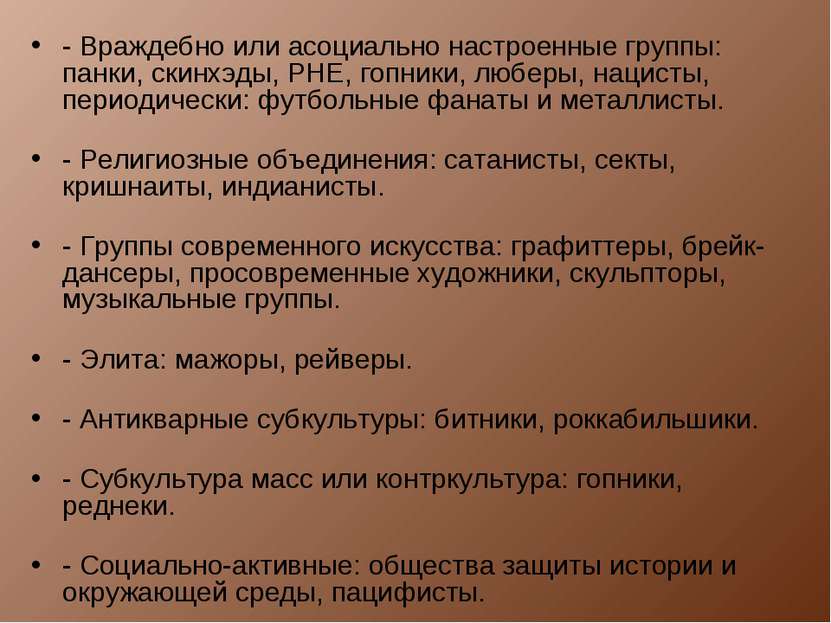 - Враждебно или асоциально настроенные группы: панки, скинхэды, РНЕ, гопники,...