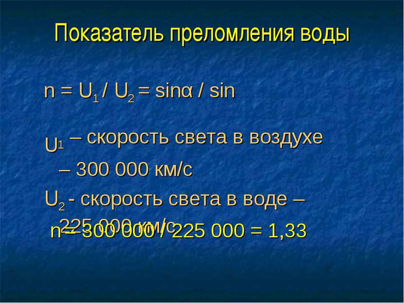 Показатель преломления воды n = U1 / U2 = sinα / sinβ U1 – скорость света в в...