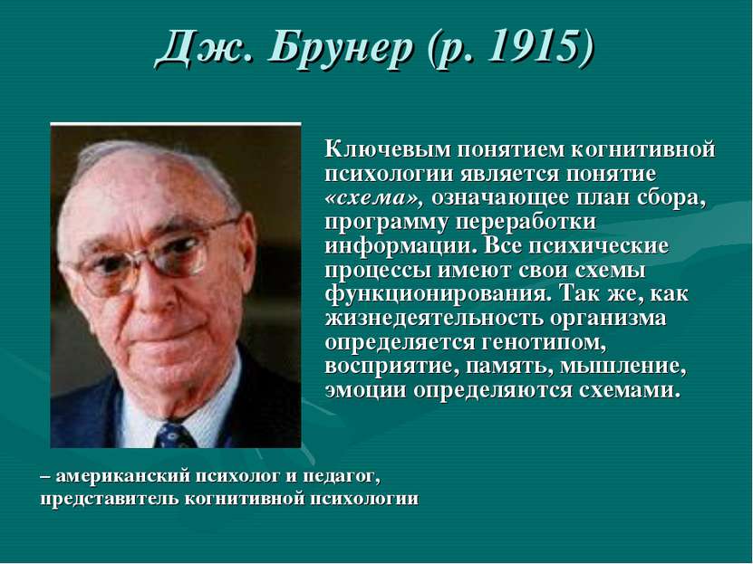 Дж. Брунер (р. 1915) – американский психолог и педагог, представитель когнити...