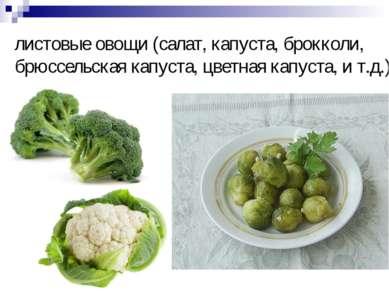 листовые овощи (салат, капуста, брокколи, брюссельская капуста, цветная капус...