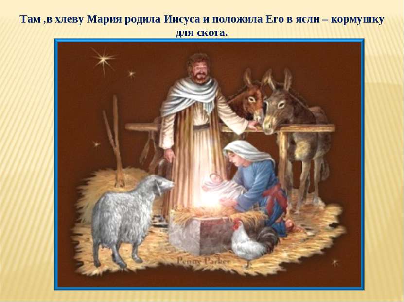 Там ,в хлеву Мария родила Иисуса и положила Его в ясли – кормушку для скота.