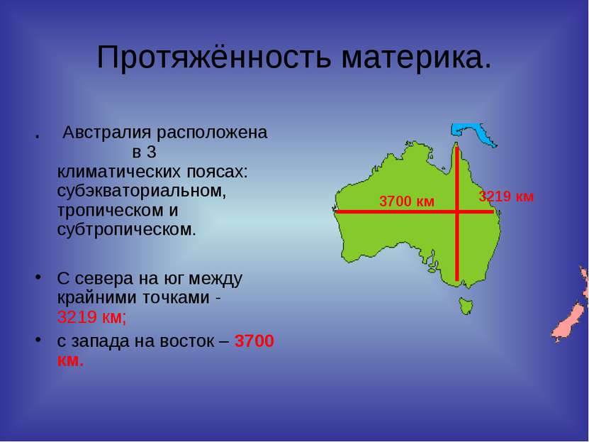 Протяжённость материка. . Австралия расположена в 3 климатических поясах: суб...