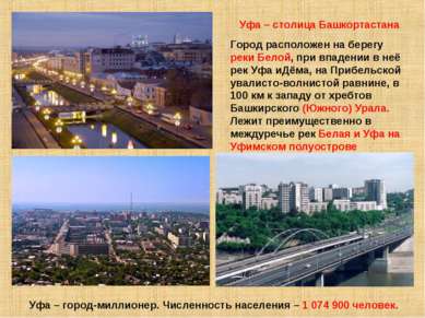 Уфа – столица Башкортастана Город расположен на берегу реки Белой, при впаден...
