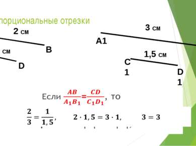 Пропорциональные отрезки D С 1 СМ А В 2 СМ B1 A1 3 СМ C1 D1 1,5 СМ