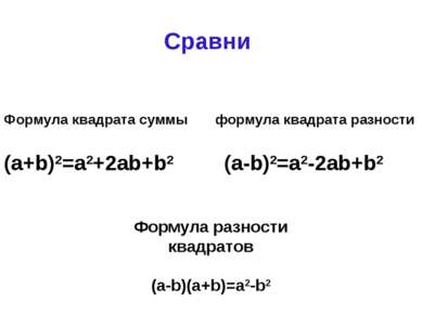 Сравни Формула квадрата суммы формула квадрата разности (a+b)2=a2+2ab+b2 (a-b...