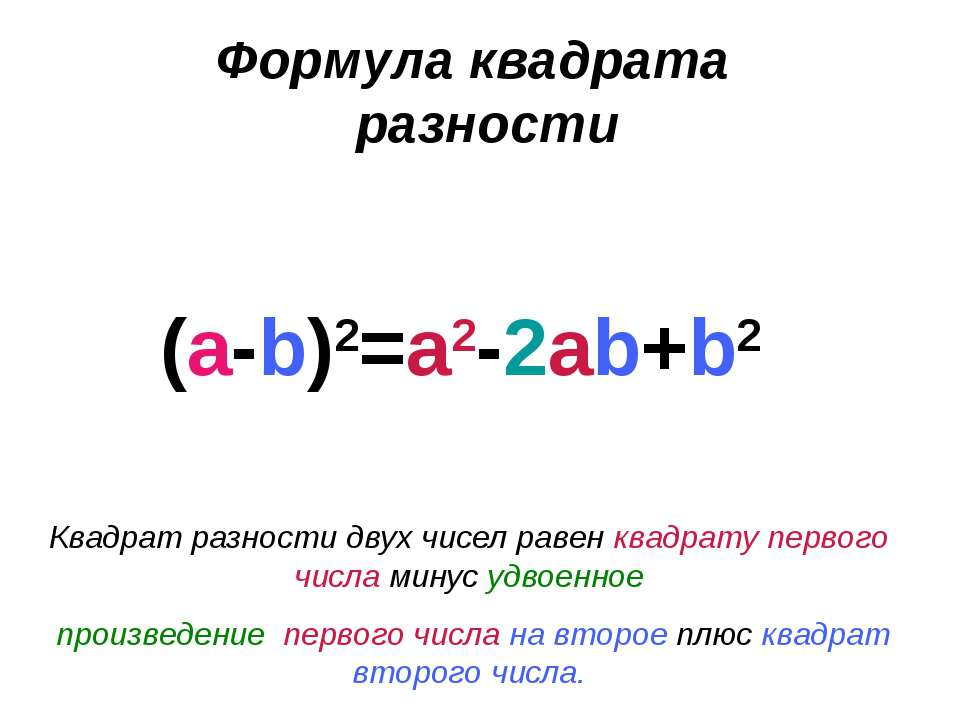 Квадрат суммы и разности 4 3. Формулы квадрата суммы и квадрата разности 7 класс. Формула разности квадратов. Квадрат разности чисел. Разница квадратов двух чисел.