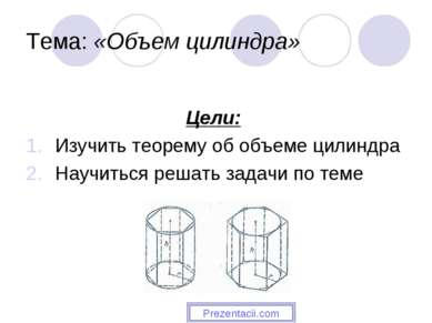 Тема: «Объем цилиндра» Цели: Изучить теорему об объеме цилиндра Научиться реш...