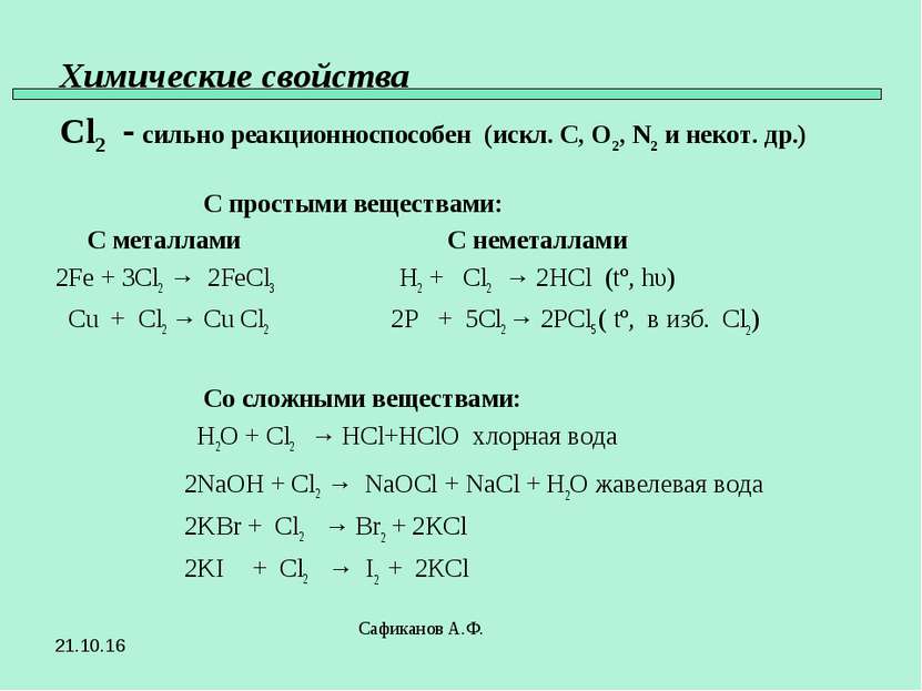 Химические свойства Cl2 - сильно реакционноспособен (искл. C, O2, N2 и некот....