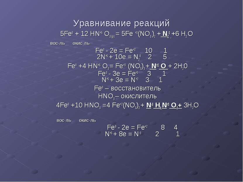 Уравнивание реакций 5Fe0 + 12 HN+5 O3 (p) = 5Fe +3(NO3 )2 + N20 +6 H2 O вос-л...