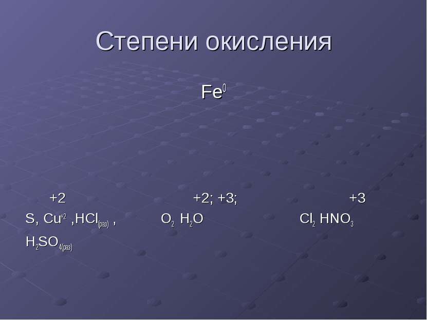 Степени окисления Fe0 +2 +2; +3; +3 S, Cu+2 ,HCl(раз) , O2 H2O Cl2 HNO3 H2SO4...