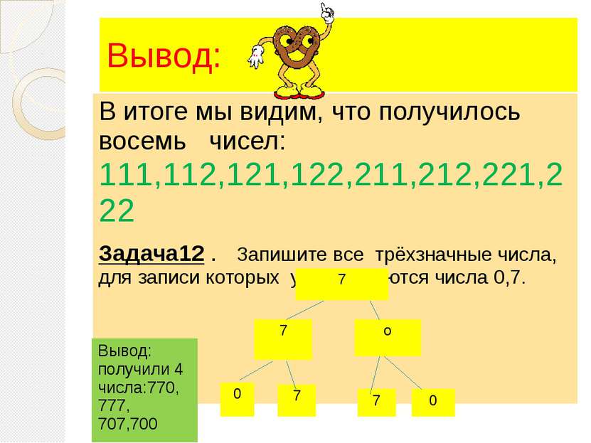 Вывод: В итоге мы видим, что получилось восемь чисел: 111,112,121,122,211,212...