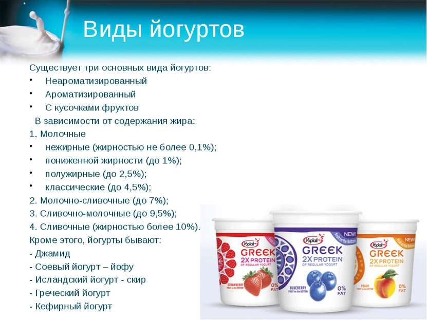Виды йогуртов Существует три основных вида йогуртов: Неароматизированный Аром...
