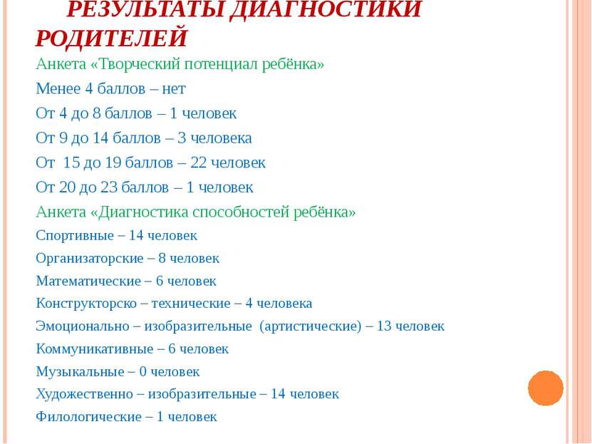 РЕЗУЛЬТАТЫ ДИАГНОСТИКИ РОДИТЕЛЕЙ Анкета «Творческий потенциал ребёнка» Менее ...