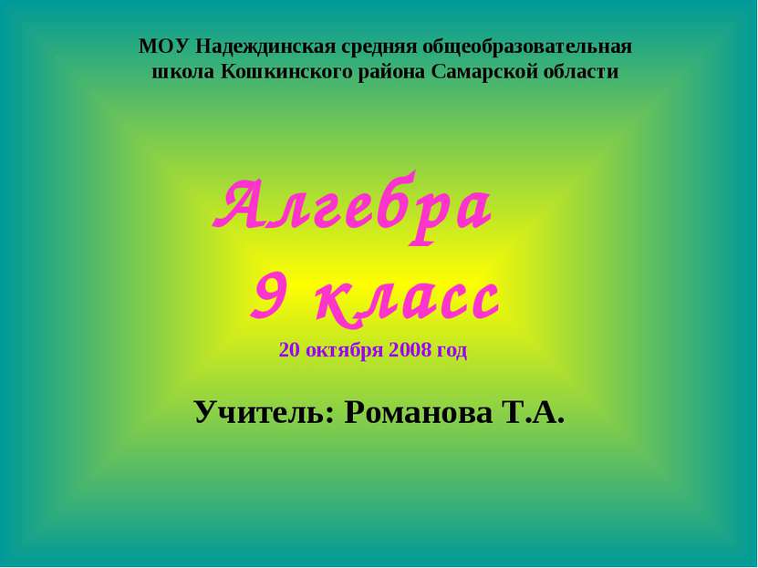 Алгебра 9 класс Учитель: Романова Т.А. 20 октября 2008 год МОУ Надеждинская с...