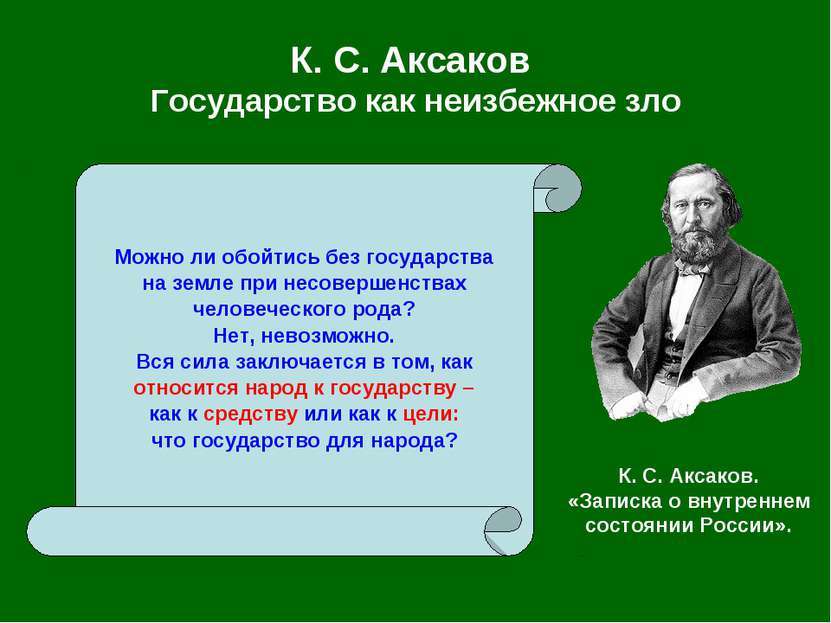 К. С. Аксаков Государство как неизбежное зло Можно ли обойтись без государств...