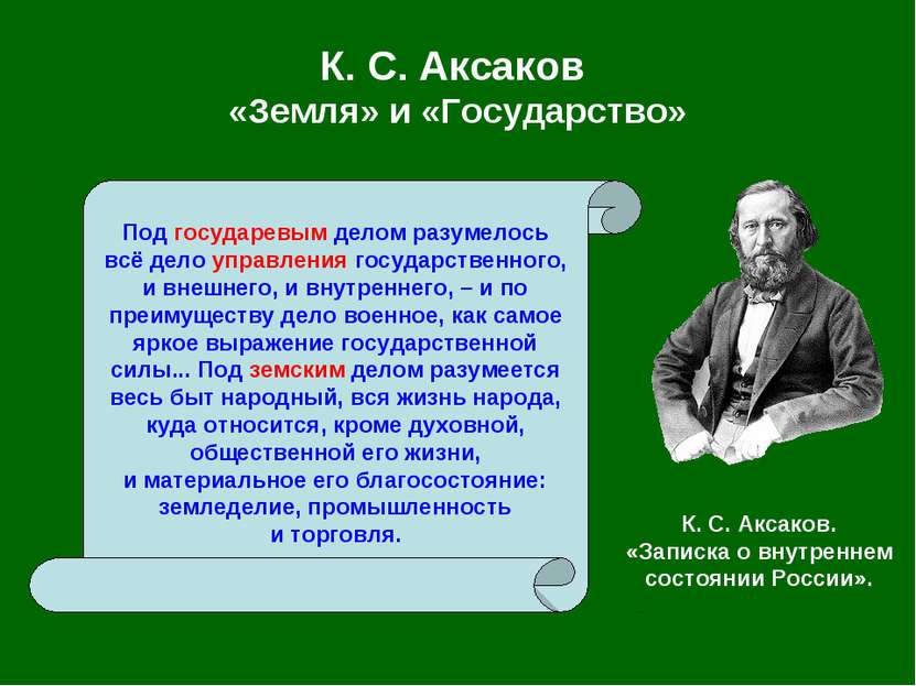 К. С. Аксаков «Земля» и «Государство» Под государевым делом разумелось всё де...
