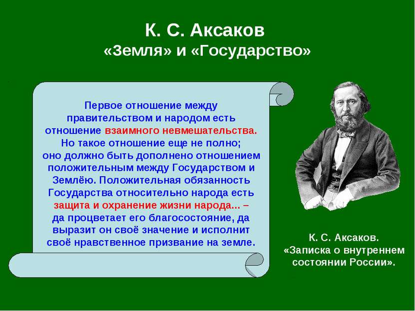 К. С. Аксаков «Земля» и «Государство» Первое отношение между правительством и...