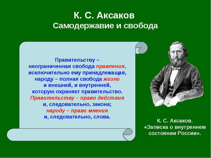 К. С. Аксаков Самодержавие и свобода Правительству – неограниченная свобода п...