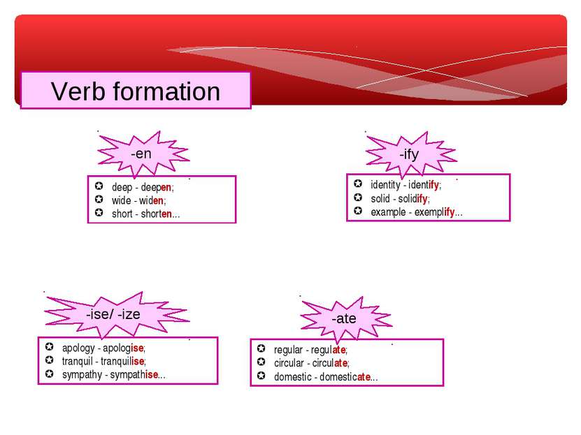 Verb formation -en identity - identify; solid - solidify; example - exemplify...