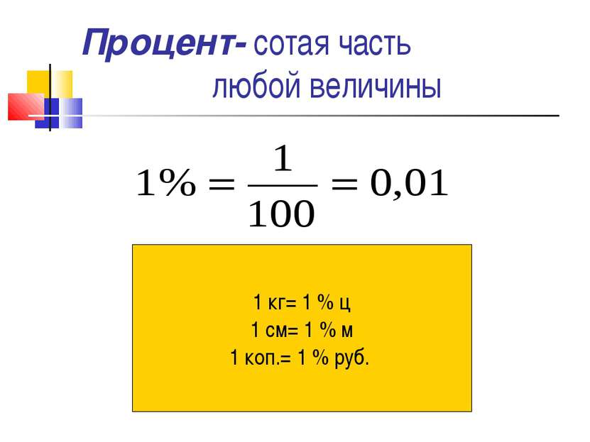 Процент- сотая часть любой величины 1 кг= 1 % ц 1 см= 1 % м 1 коп.= 1 % руб.
