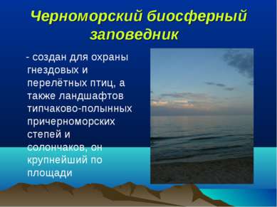 Черноморский биосферный заповедник  - создан для охраны гнездовых и перелётны...
