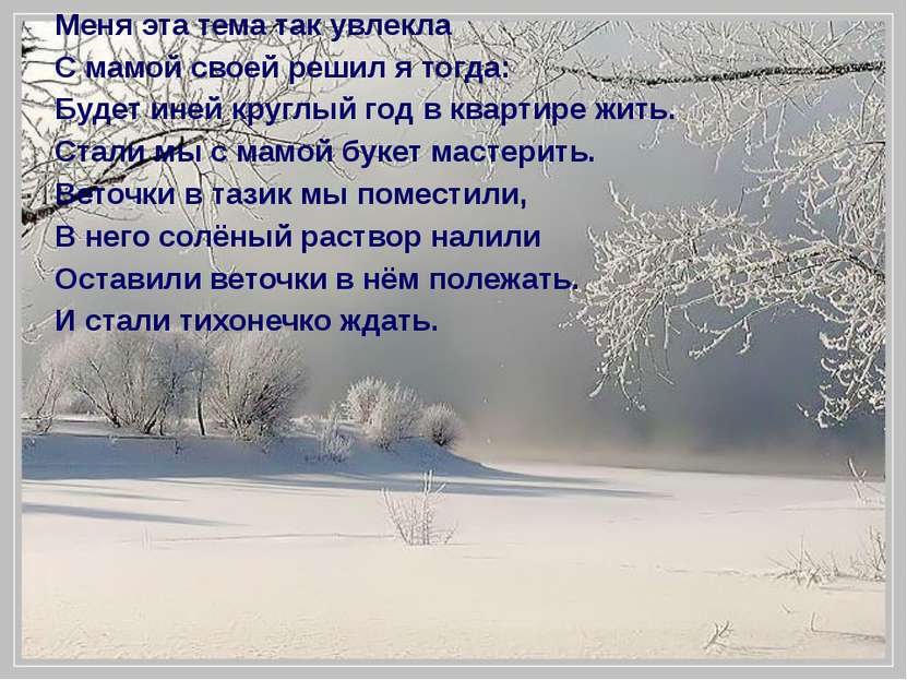 Меня эта тема так увлекла С мамой своей решил я тогда: Будет иней круглый год...