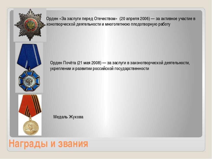 Награды и звания Орден «За заслуги перед Отечеством» (20 апреля 2006) — за ак...