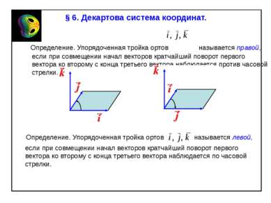 § 6. Декартова система координат. Определение. Упорядоченная тройка ортов наз...