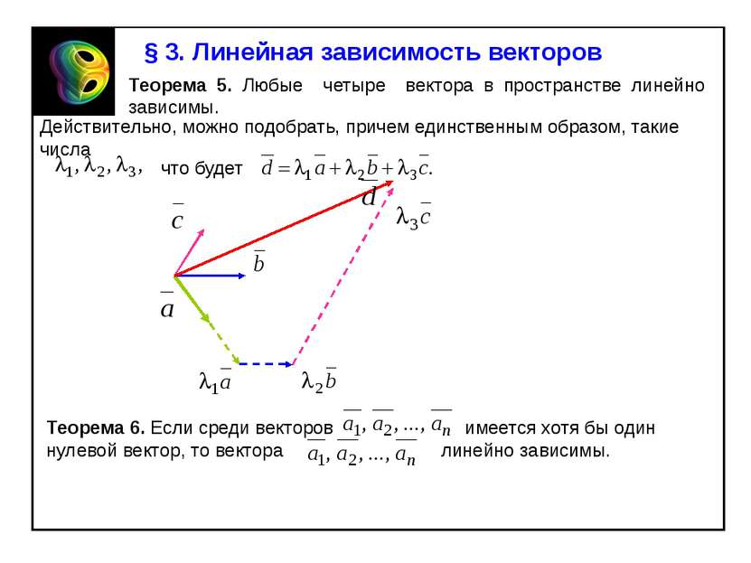 § 3. Линейная зависимость векторов Теорема 5. Любые четыре вектора в простран...