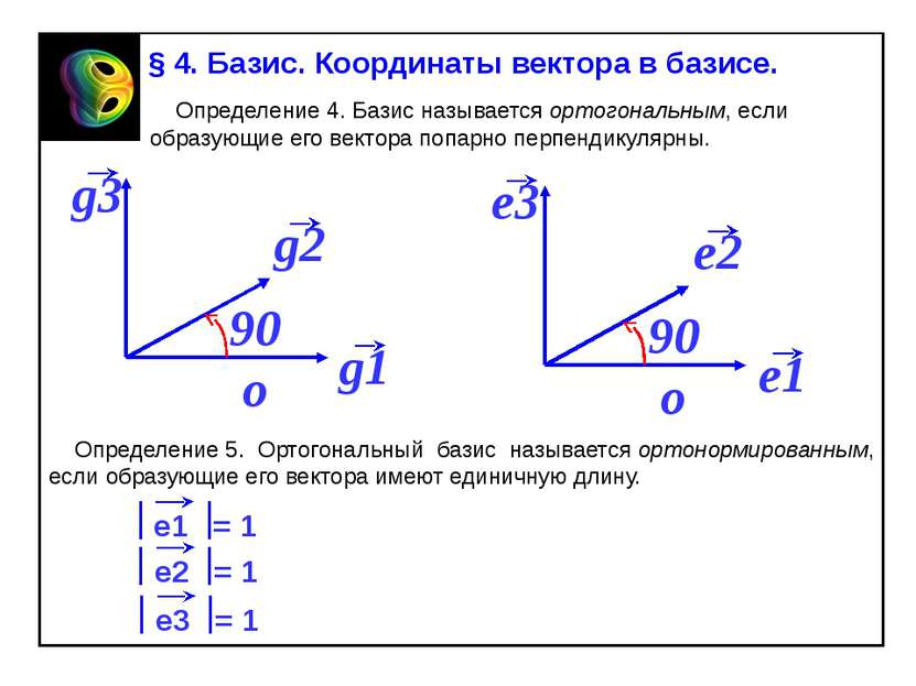 § 4. Базис. Координаты вектора в базисе. Определение 4. Базис называется орто...