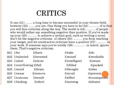 CRITICS It can (21) ……. a long time to become successful in your chosen field...