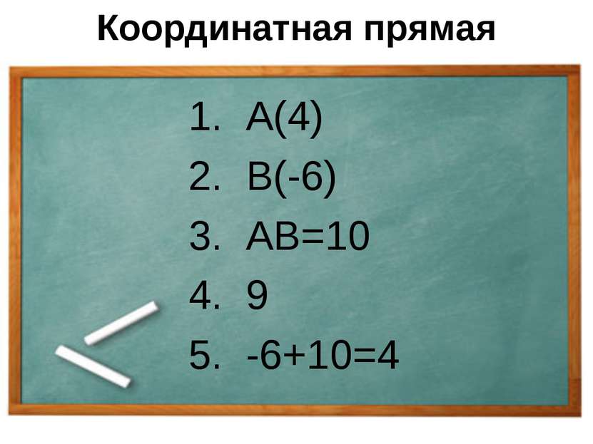 Координатная прямая 1. А(4) 2. В(-6) 3. АВ=10 4. 9 5. -6+10=4